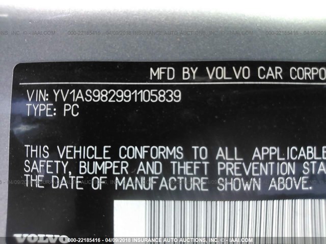 YV1AS982991105839 - 2009 VOLVO S80 3.2 SILVER photo 9