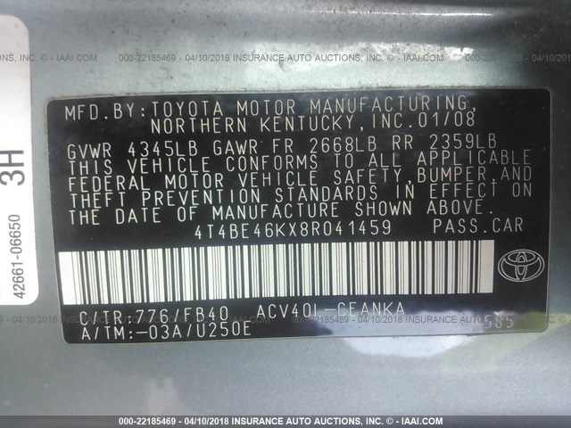 4T4BE46KX8R041459 - 2008 TOYOTA CAMRY CE/LE/XLE/SE GREEN photo 9