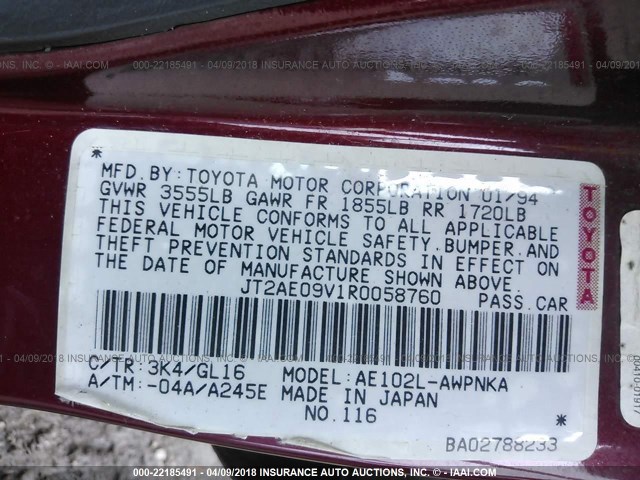 JT2AE09V1R0058760 - 1994 TOYOTA COROLLA DX BURGUNDY photo 9