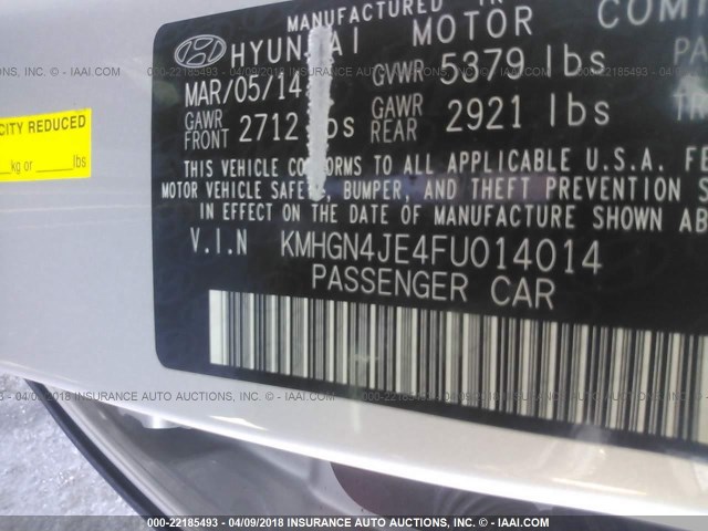 KMHGN4JE4FU014014 - 2015 HYUNDAI GENESIS 3.8L SILVER photo 9