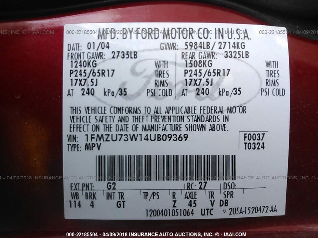 1FMZU73W14UB09369 - 2004 FORD EXPLORER XLT/XLT SPORT/NBX MAROON photo 9