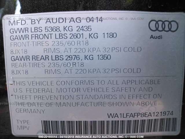 WA1LFAFP8EA121974 - 2014 AUDI Q5 PREMIUM PLUS GRAY photo 9