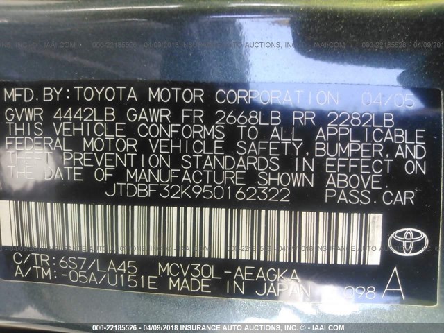 JTDBF32K950162322 - 2005 TOYOTA CAMRY LE/XLE/SE GREEN photo 9