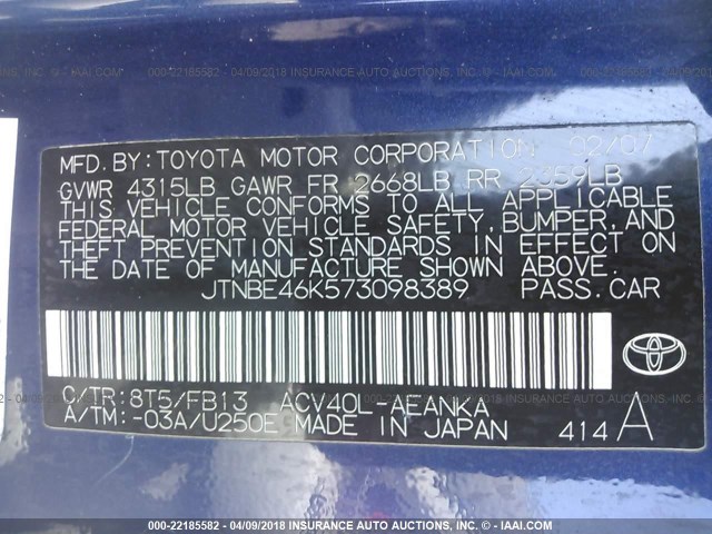 JTNBE46K573098389 - 2007 TOYOTA CAMRY NEW GENERAT CE/LE/XLE/SE BLUE photo 9