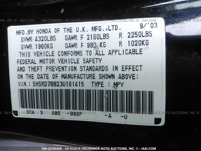 SHSRD78823U161415 - 2003 HONDA CR-V EX BLACK photo 9