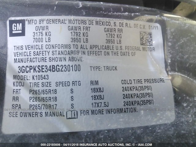 3GCPKSE34BG230100 - 2011 CHEVROLET SILVERADO K1500 LT GRAY photo 9