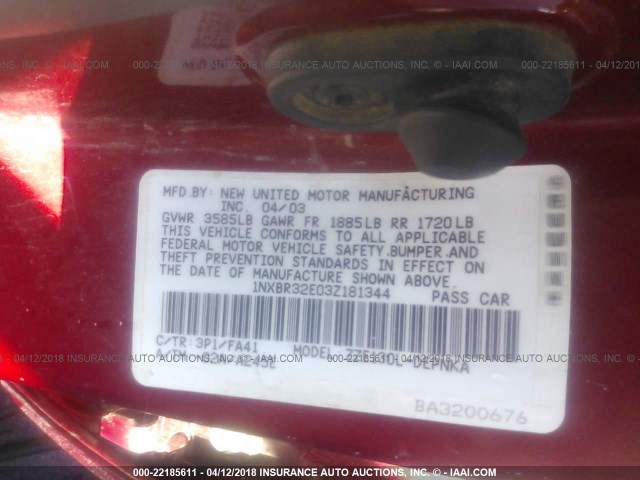 1NXBR32E03Z181344 - 2003 TOYOTA COROLLA CE/LE/S RED photo 9