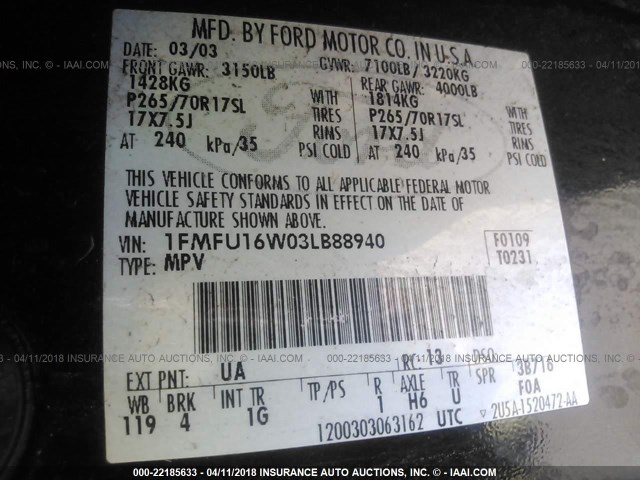 1FMFU16W03LB88940 - 2003 FORD EXPEDITION XLT Qara foto 9