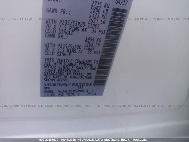 5N1DR2MN5HC683098 - 2017 NISSAN PATHFINDER S/SV/SL/PLATINUM 白色 照片 9