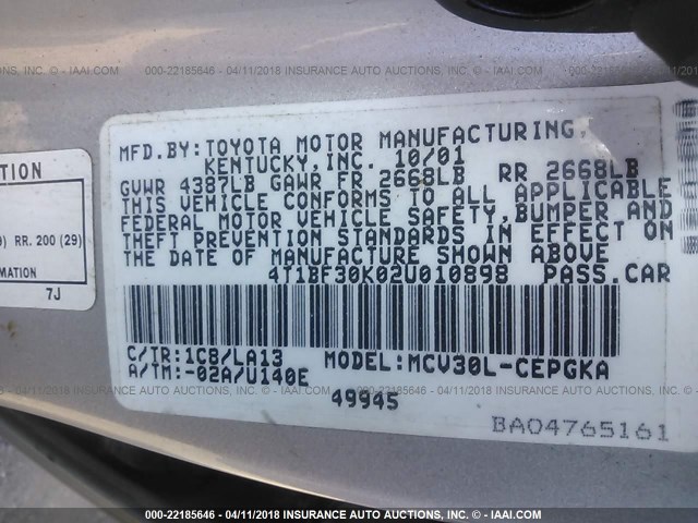 4T1BF30K02U010898 - 2002 TOYOTA CAMRY LE/XLE/SE ვერცხლისფერი ფოტო 9