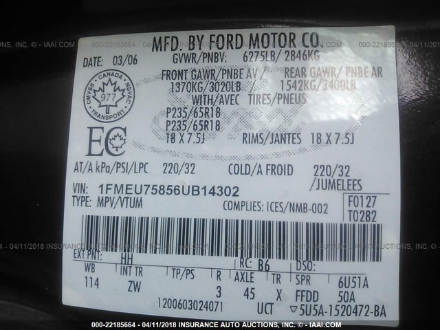 1FMEU75856UB14302 - 2006 FORD EXPLORER LIMITED 栗色 照片 9
