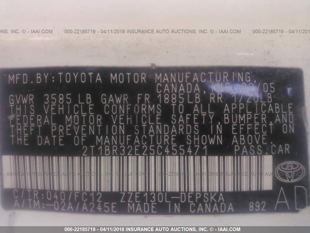 2T1BR32E25C455471 - 2005 TOYOTA COROLLA CE/LE/S WHITE photo 9