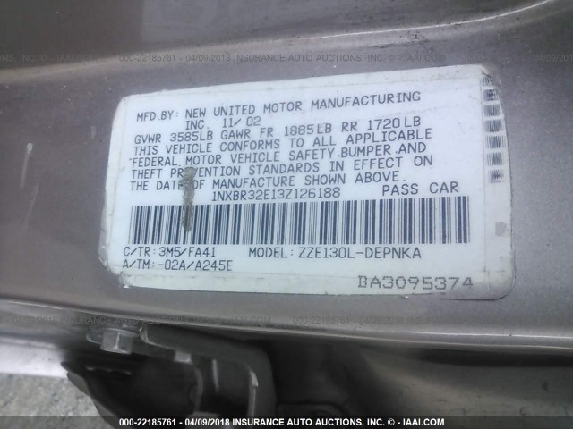 1NXBR32E13Z126188 - 2003 TOYOTA COROLLA CE/LE/S SILVER photo 9