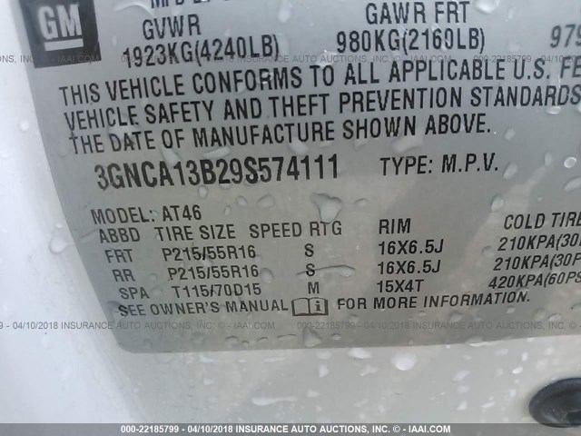 3GNCA13B29S574111 - 2009 CHEVROLET HHR LS WHITE photo 9