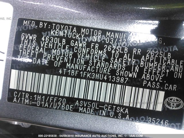 4T1BF1FK3HU413987 - 2017 TOYOTA CAMRY LE/XLE/SE/XSE GRAY photo 9