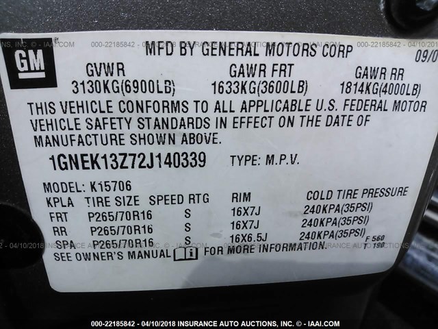 1GNEK13Z72J140339 - 2002 CHEVROLET TAHOE K1500 GRAY photo 9