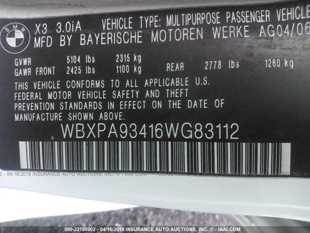 WBXPA93416WG83112 - 2006 BMW X3 3.0I WHITE photo 9