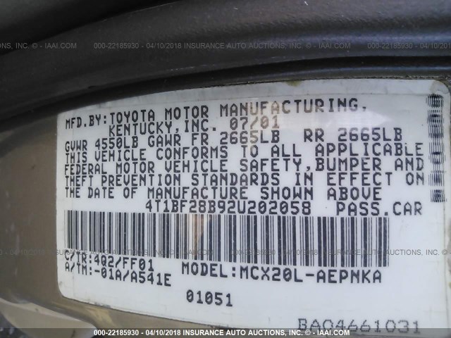 4T1BF28B92U202058 - 2002 TOYOTA AVALON XL/XLS GOLD photo 9