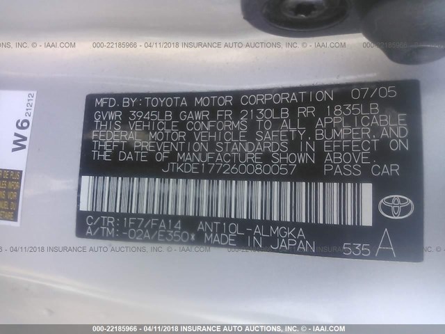 JTKDE177260080057 - 2006 TOYOTA SCION TC SILVER photo 9