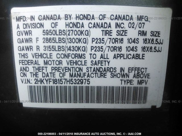 2HKYF18157H532975 - 2007 HONDA PILOT LX GRAY photo 9