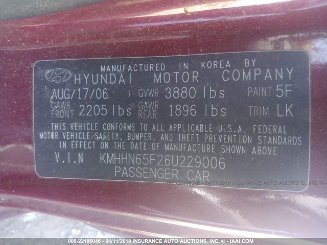 KMHHN65F26U229006 - 2006 HYUNDAI TIBURON GT/SE/GT LIMITED RED photo 9