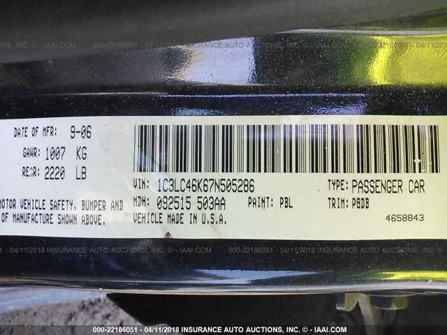 1C3LC46K67N505286 - 2007 CHRYSLER SEBRING BLUE photo 9