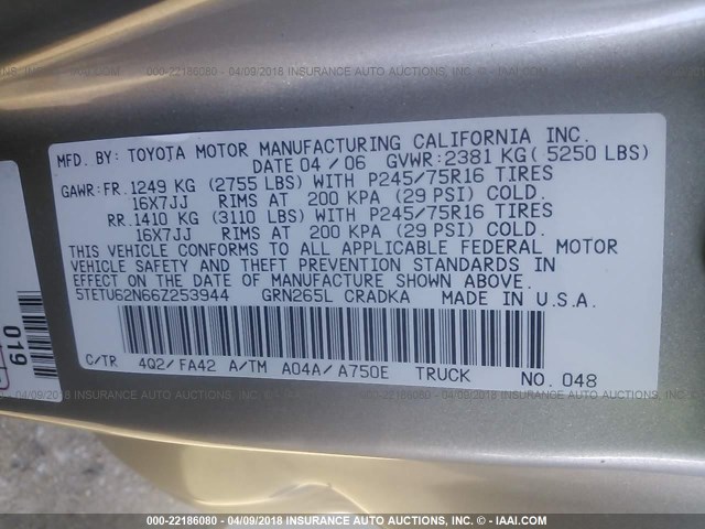 5TETU62N66Z253944 - 2006 TOYOTA TACOMA PRERUNNER ACCESS CAB TAN photo 9