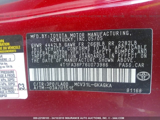 4T1FA38P76U073986 - 2006 TOYOTA CAMRY SOLARA SE/SLE წითელი ფოტო 9