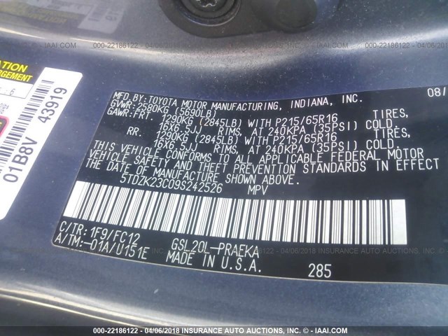 5TDZK23C09S242526 - 2009 TOYOTA SIENNA CE/LE GRAY photo 9