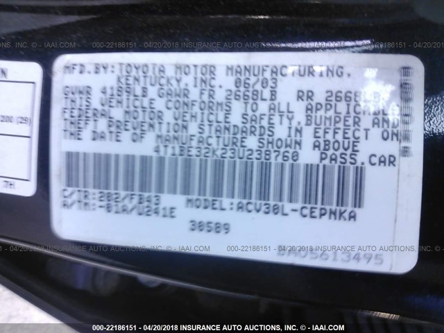 4T1BE32K23U238760 - 2003 TOYOTA CAMRY LE/XLE/SE BLACK photo 9