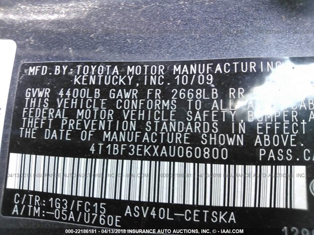 4T1BF3EKXAU060800 - 2010 TOYOTA CAMRY SE/LE/XLE GRAY photo 9