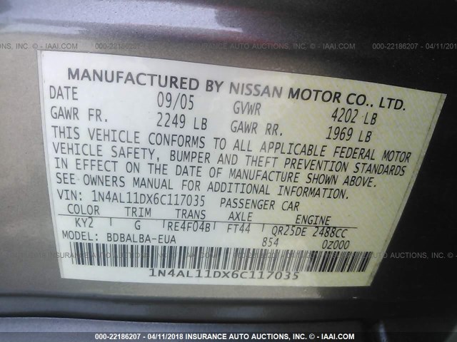 1N4AL11DX6C117035 - 2006 NISSAN ALTIMA S/SL TAN photo 9