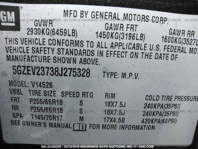 5GZEV23738J275328 - 2008 SATURN OUTLOOK XR შავი ფოტო 9