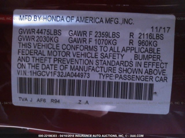 1HGCV1F32JA044973 - 2018 HONDA ACCORD SPORT 红色 照片 9