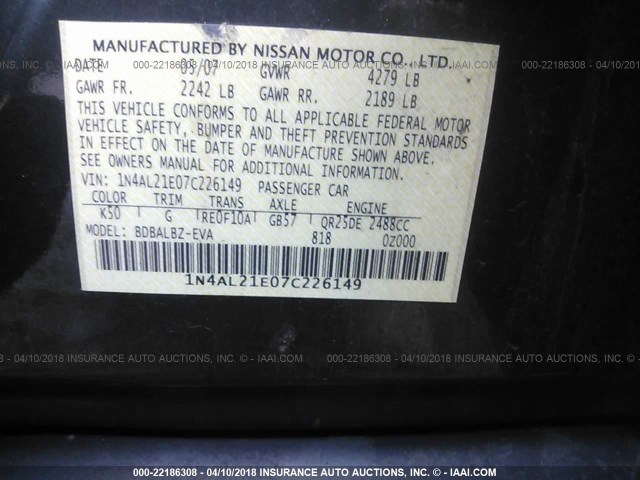 1N4AL21E07C226149 - 2007 NISSAN ALTIMA 2.5/2.5S GRAY photo 9