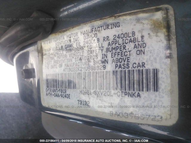 4T1BG22K2YU988929 - 2000 TOYOTA CAMRY CE/LE/XLE 浅蓝色 照片 9