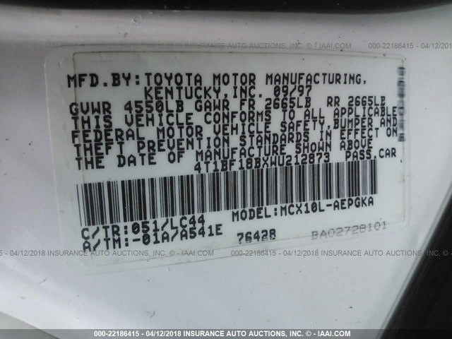 4T1BF18BXWU212873 - 1998 TOYOTA AVALON XL/XLS WHITE photo 9