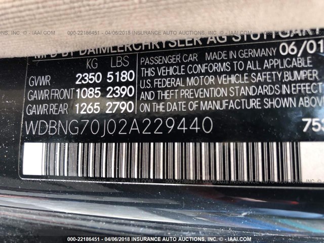 WDBNG70J02A229440 - 2002 MERCEDES-BENZ S 430 GRAY photo 9