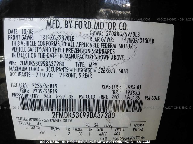 2FMDK53C99BA37280 - 2009 FORD FLEX LIMITED BLACK photo 9