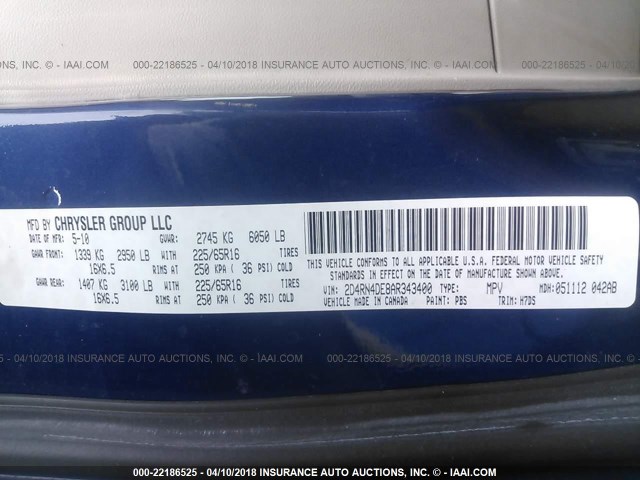 2D4RN4DE8AR343400 - 2010 DODGE GRAND CARAVAN SE BLUE photo 9