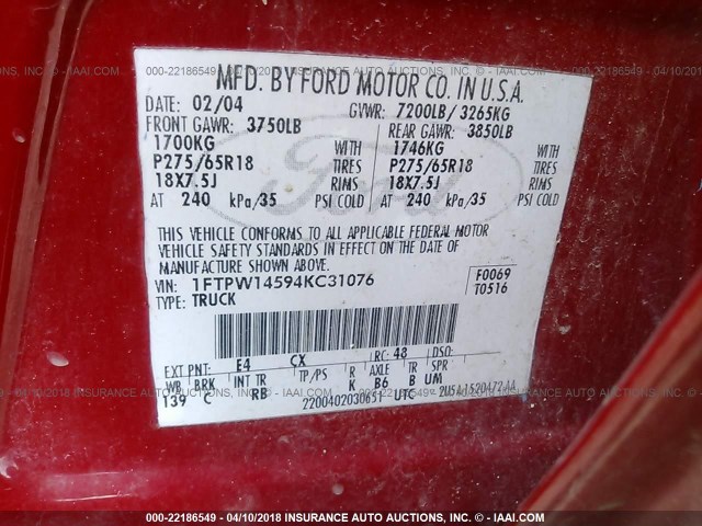 1FTPW14594KC31076 - 2004 FORD F150 SUPERCREW RED photo 9