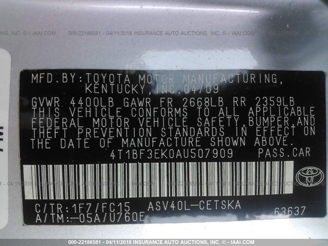 4T1BF3EK0AU507909 - 2010 TOYOTA CAMRY SE/LE/XLE 银色 照片 9