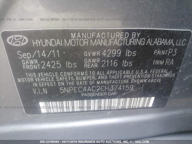 5NPEC4AC2CH374159 - 2012 HYUNDAI SONATA SE/LIMITED GRAY photo 9