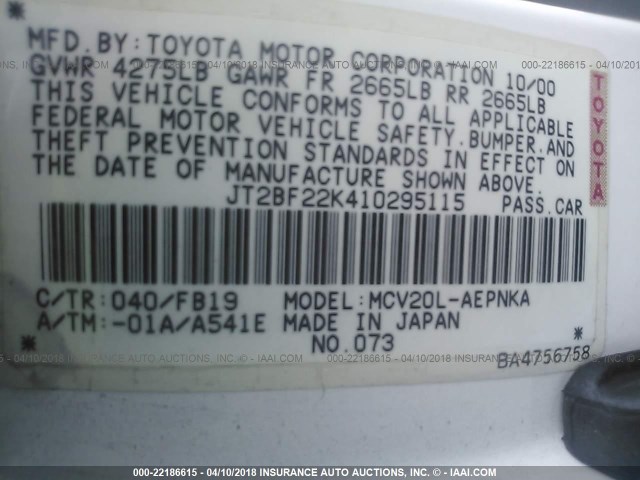 JT2BF22K410295115 - 2001 TOYOTA CAMRY CE/LE/XLE WHITE photo 9