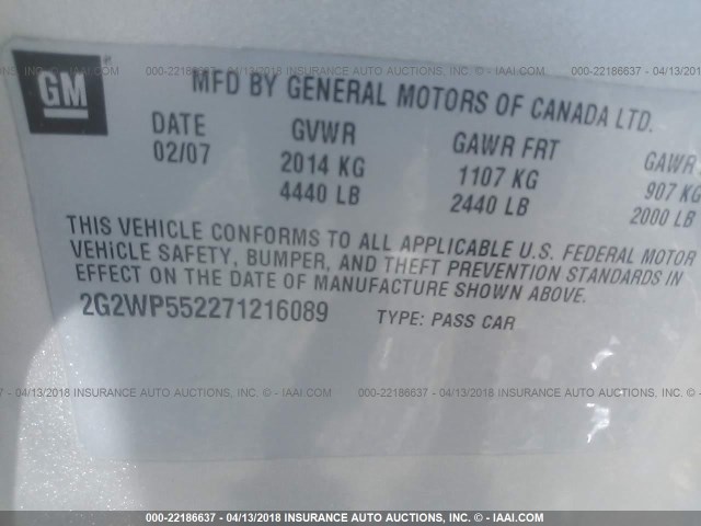 2G2WP552271216089 - 2007 PONTIAC GRAND PRIX SILVER photo 9