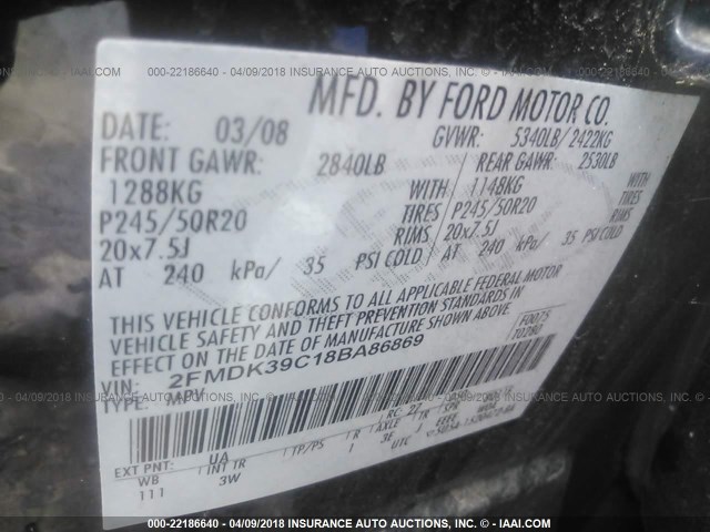 2FMDK39C18BA86869 - 2008 FORD EDGE LIMITED BLACK photo 9