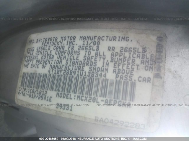 4T1BF28B91U138344 - 2001 TOYOTA AVALON XL/XLS SILVER photo 9