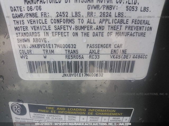 JNKBY01E17M400632 - 2007 INFINITI M45 SPORT GRAY photo 9