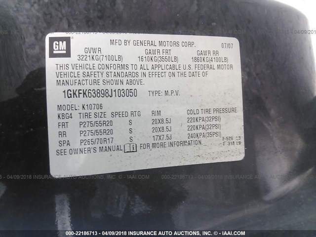 1GKFK63898J103050 - 2008 GMC YUKON DENALI BLACK photo 9