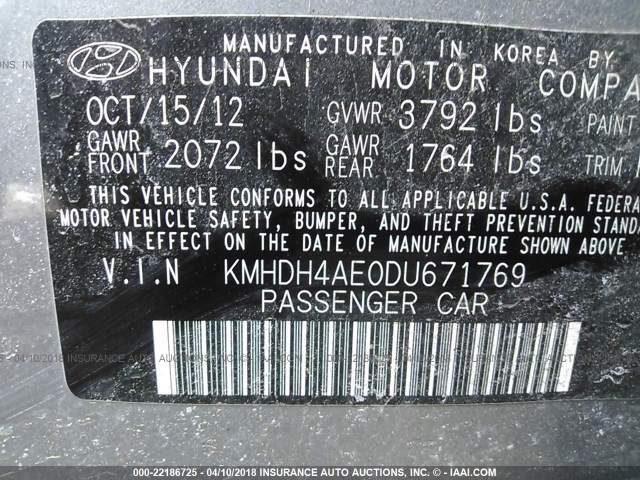 KMHDH4AE0DU671769 - 2013 HYUNDAI ELANTRA GLS/LIMITED SILVER photo 9